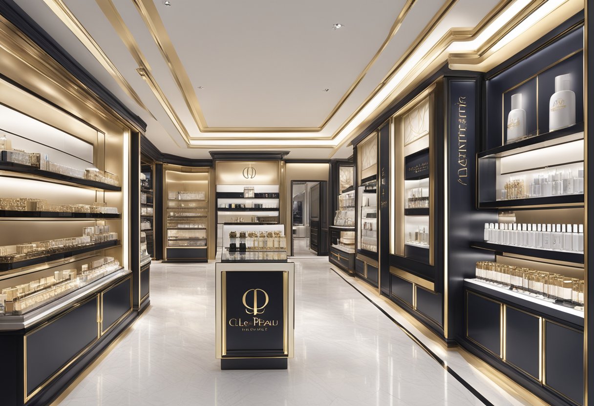 A luxurious, elegant beauty product display with the Clé de Peau Beauté logo prominently featured in a high-end retail setting