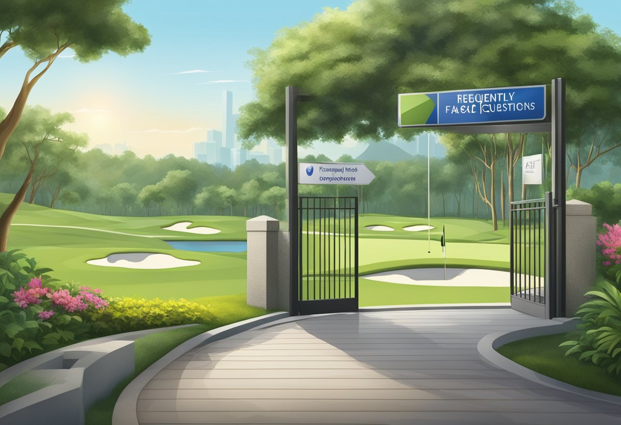 A golf course in Singapore with a sign reading "Frequently Asked Questions" next to the entrance