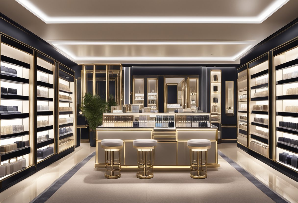 A luxurious beauty store with elegant displays of Cle de Peau products, soft lighting, and a sophisticated atmosphere