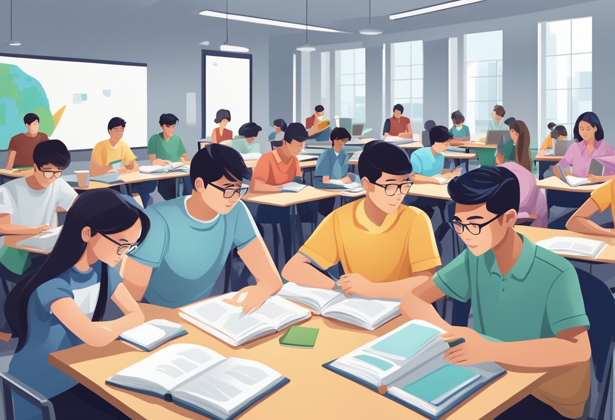 Students studying in a modern classroom at a Junior College in Singapore, with textbooks and laptops on desks, and a diverse group of young people engaged in discussions and activities