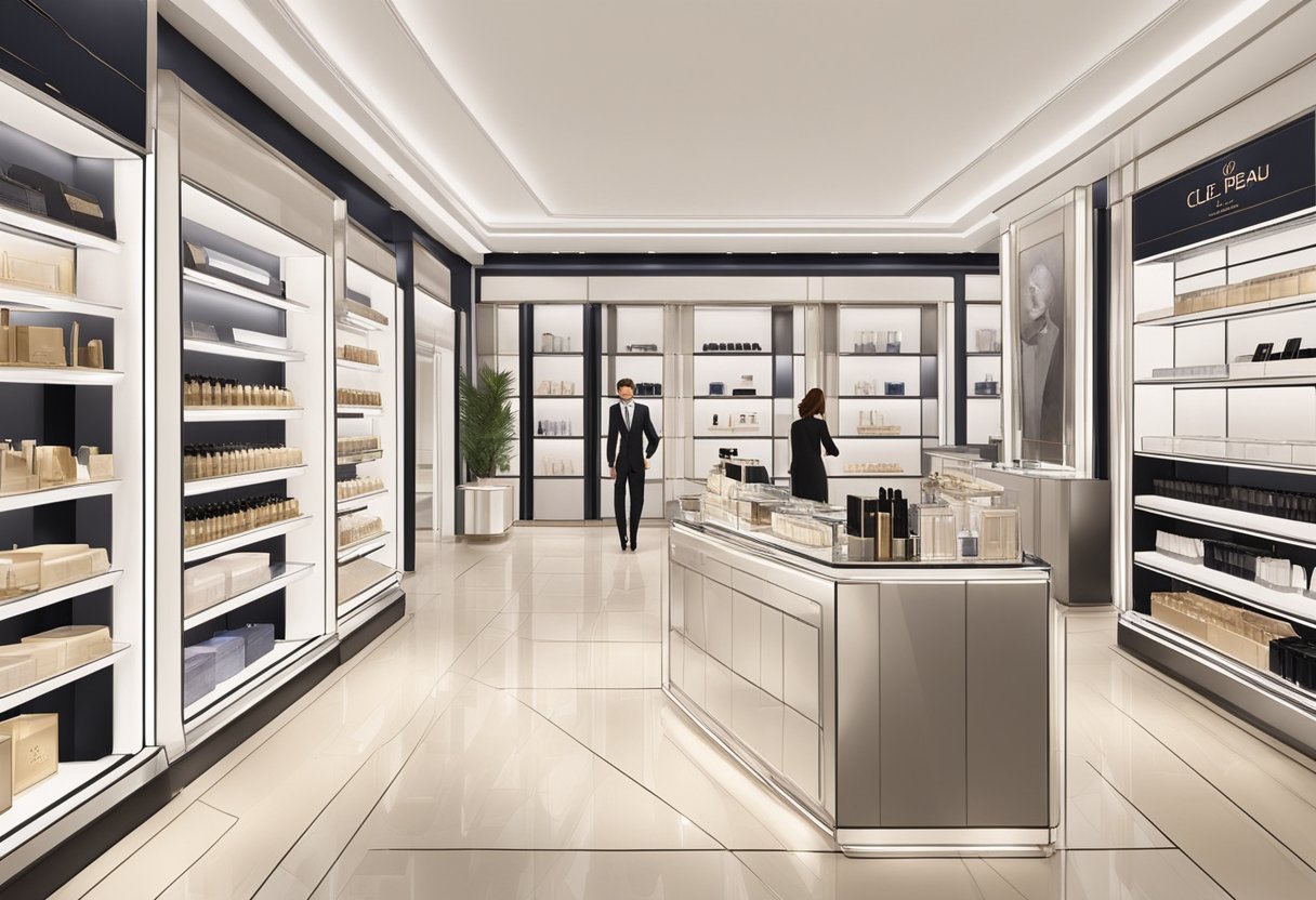 A sleek and modern beauty counter with the brand name "cle de peau" prominently displayed. Shelves are neatly lined with products and a well-dressed sales associate assists a customer