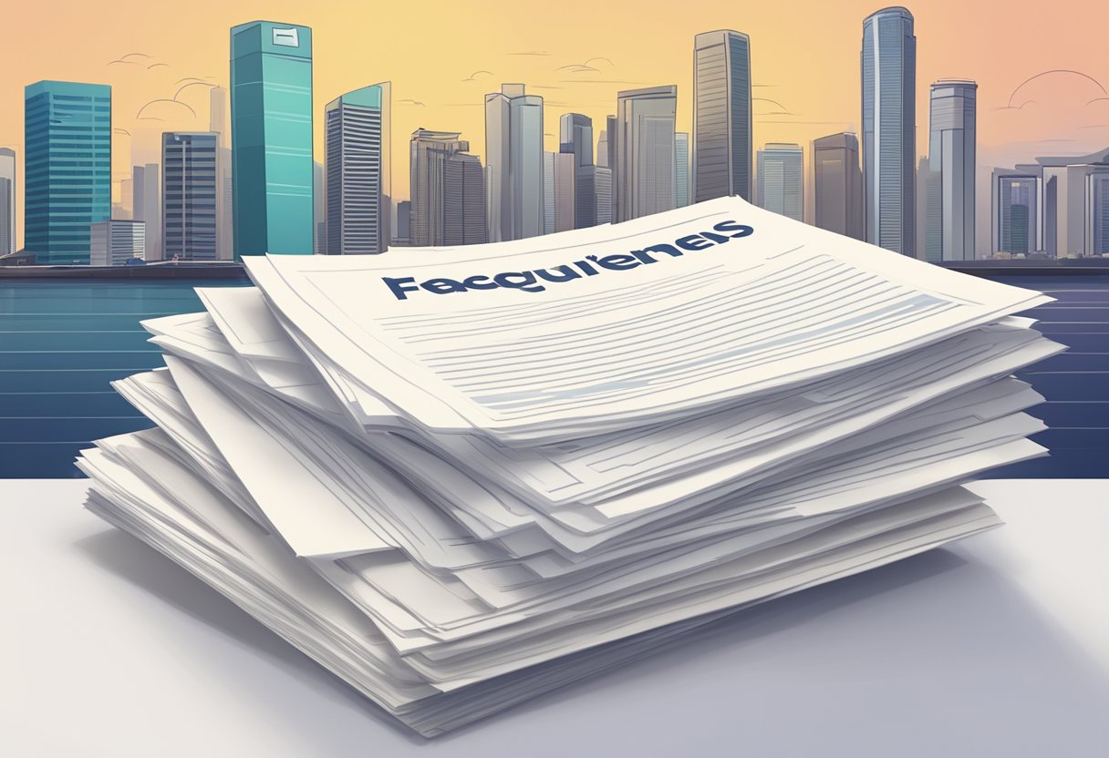 A stack of FAQ sheets with "Frequently Asked Questions" printed on top, set against a backdrop of the Singapore skyline