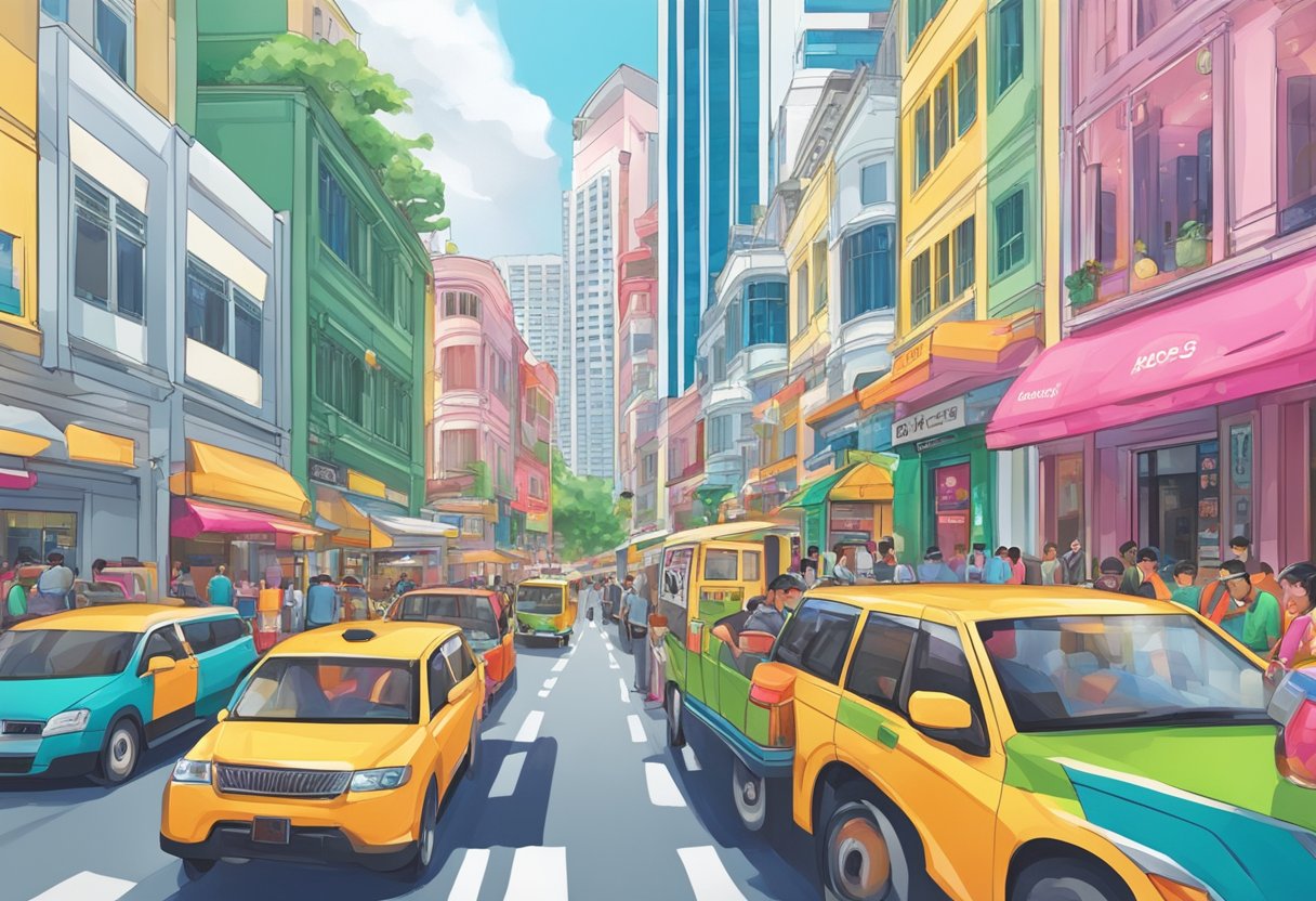 A bustling city street in Singapore, with the iconic Medicube storefront standing out among the vibrant colors and bustling activity