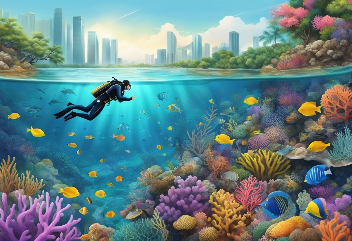 A diver plunges into the clear waters of Singapore, surrounded by colorful coral reefs and a variety of marine life