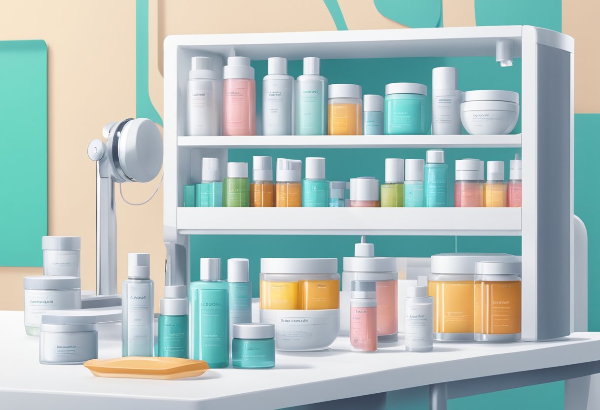 A table with neatly arranged Medicube skincare products, surrounded by scientific equipment and lab tools. Bright, clean, and professional setting