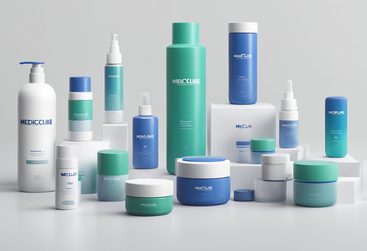 Several Medicube products arranged neatly on a clean, white surface with the brand logo visible