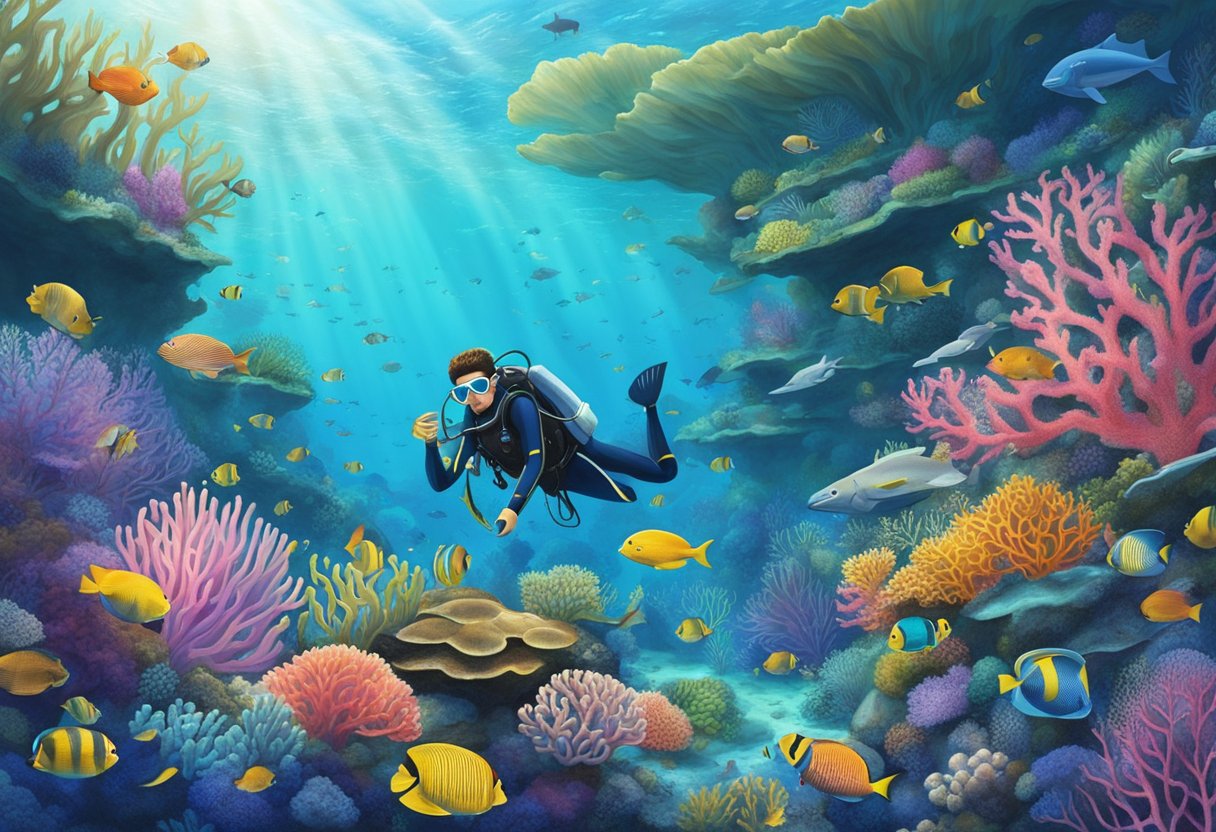 Crystal clear waters reveal colorful coral reefs teeming with marine life, as divers explore Singapore's stunning dive sites