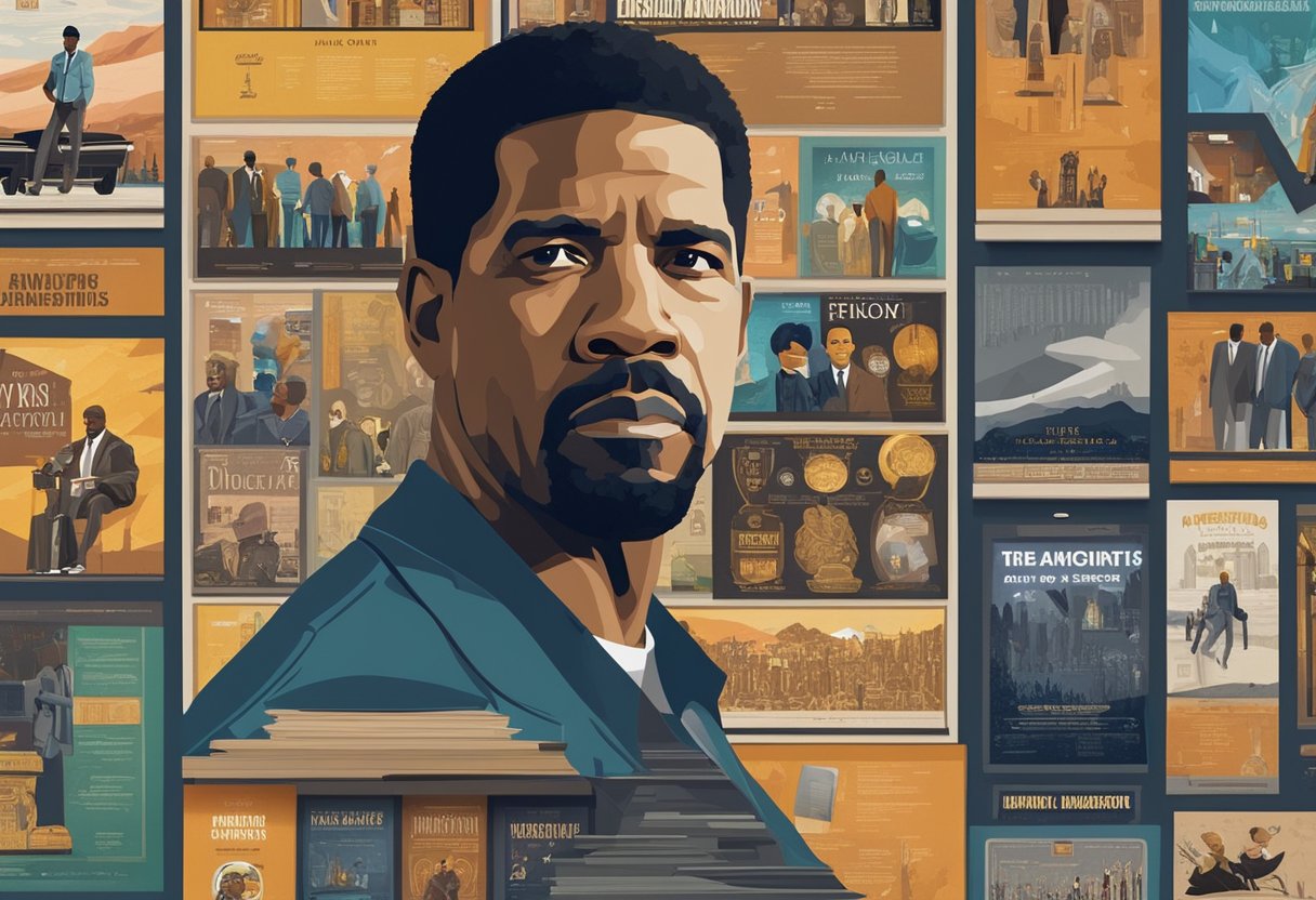 Denzel Washington's filmography displayed on a large screen, surrounded by movie posters and awards