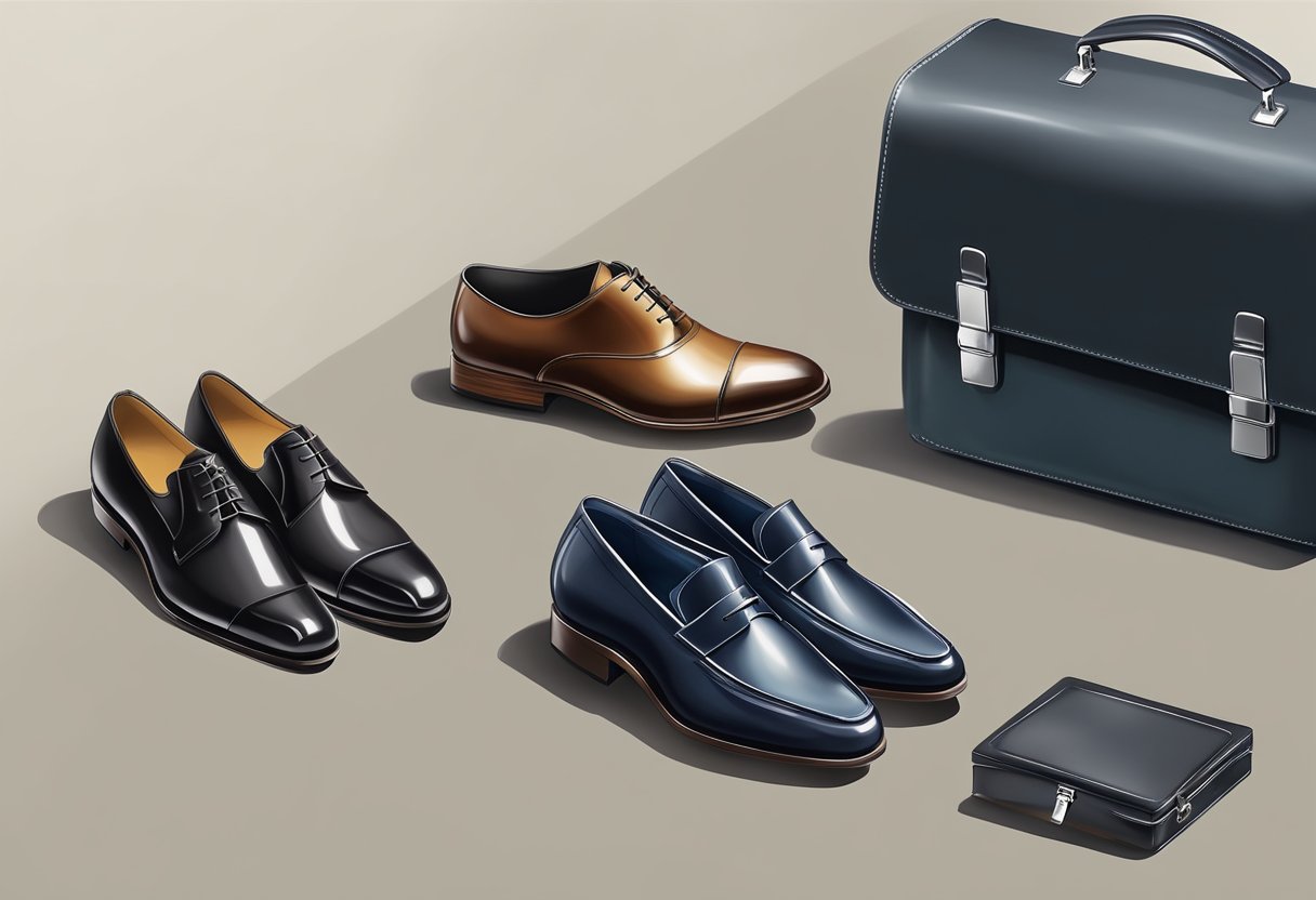 A pair of polished formal shoes placed neatly next to a briefcase and a sleek business suit, symbolizing the importance of professional attire in the business world