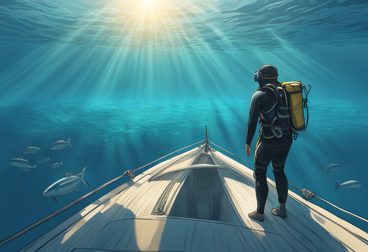 A diver stands on the edge of a boat, surrounded by clear blue water. The sun shines overhead as they prepare to take the plunge into the depths below