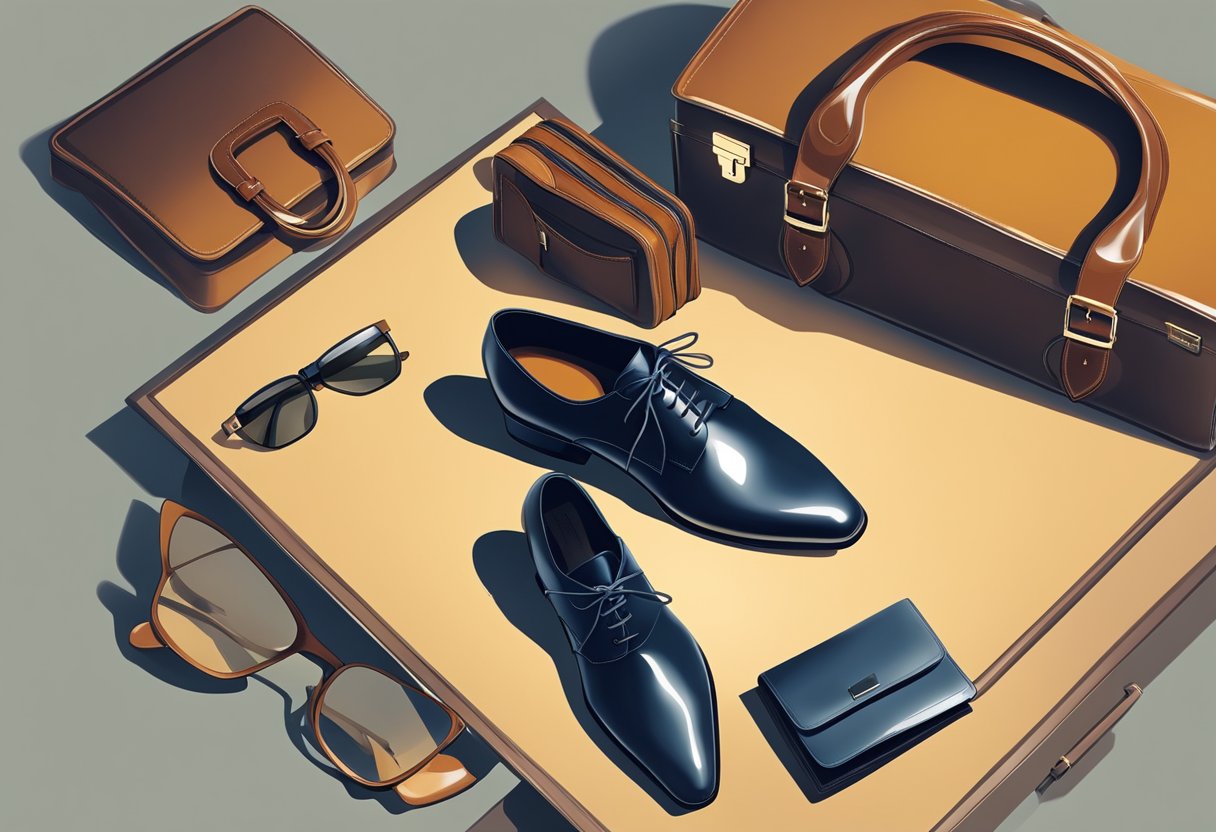 A pair of polished formal shoes placed neatly next to a sleek briefcase, symbolizing the importance of professional attire in the business world