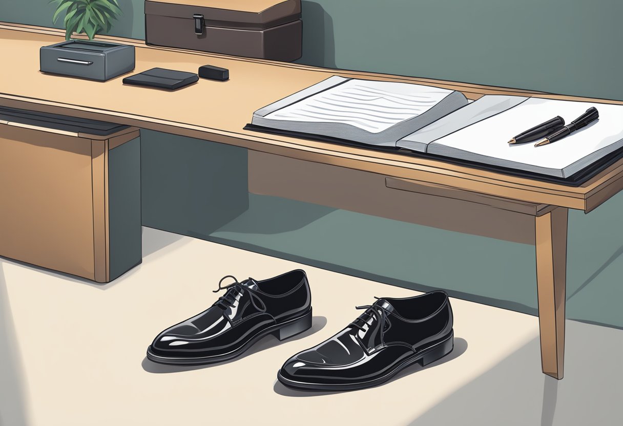 A pair of polished formal shoes placed neatly next to a briefcase on a clean, professional-looking office desk