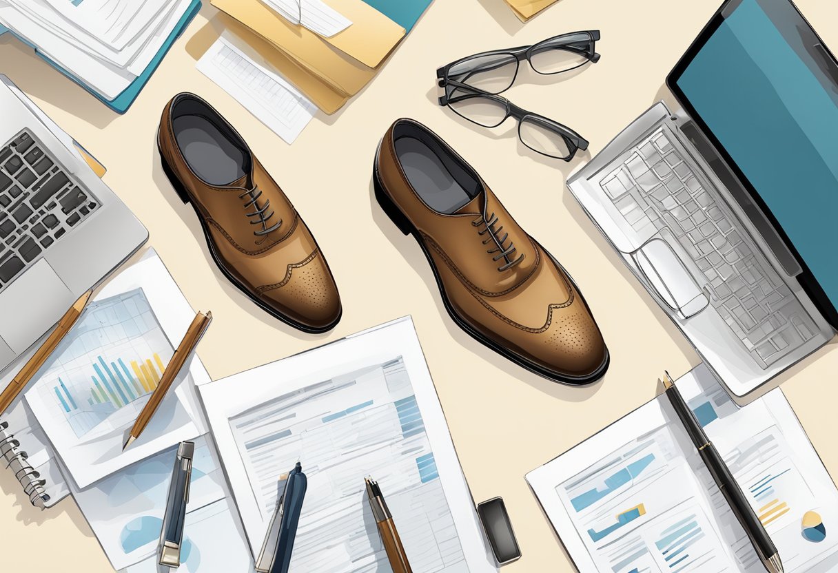 A pair of formal shoes resting on a sturdy, well-worn desk, surrounded by business documents and a sleek laptop