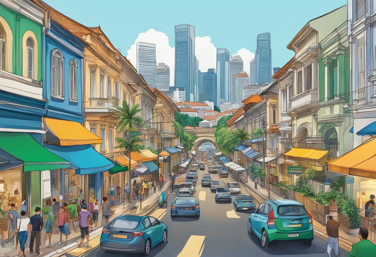The bustling streets of Balmain, Singapore, filled with vibrant colors and bustling activity, with the iconic architecture of the city's skyline in the background
