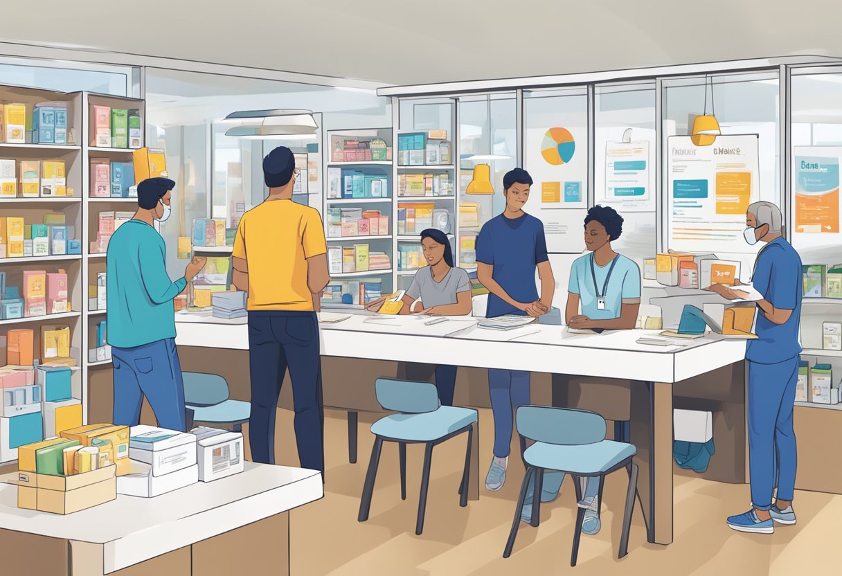 A table with Medicube products displayed, surrounded by customers reading FAQ pamphlets