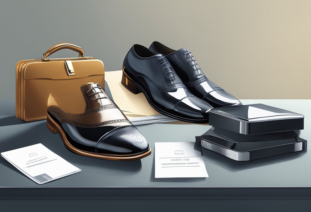 A pair of polished formal shoes placed neatly next to a briefcase and a stack of business cards on a sleek, modern office desk