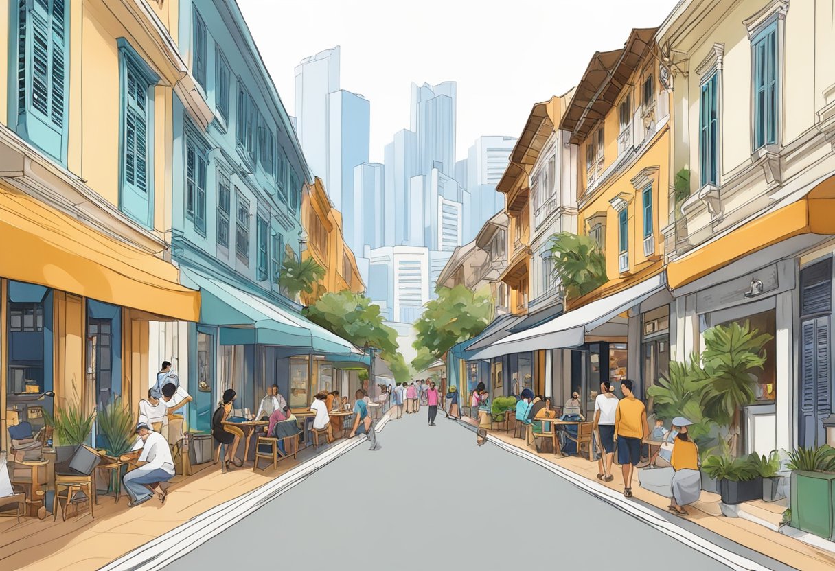 Vibrant street lined with chic boutiques, bustling cafes, and stylish locals in the heart of Balmain, Singapore