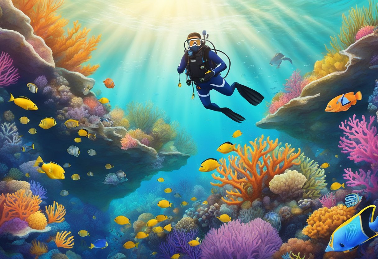 Divers exploring vibrant coral reefs in clear waters off the coast of Singapore, surrounded by colorful marine life