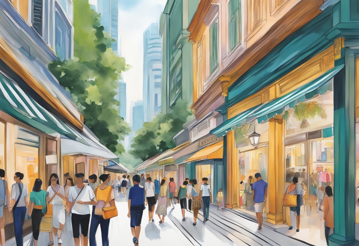 A bustling street in Singapore, with vibrant storefronts showcasing Balmain's latest fashion offerings. Pedestrians admire the sleek designs and bold patterns