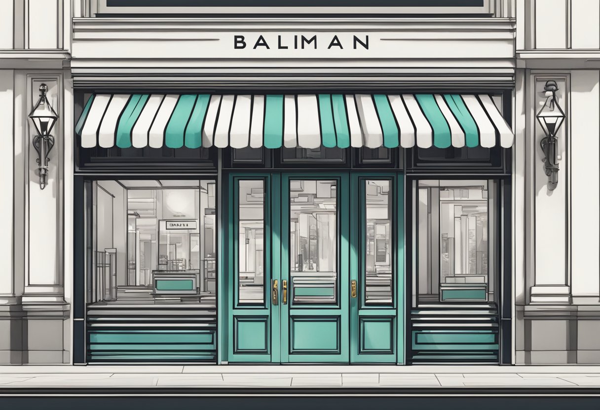 A bright and modern store front with the words "Frequently Asked Questions balmain singapore" prominently displayed in bold lettering