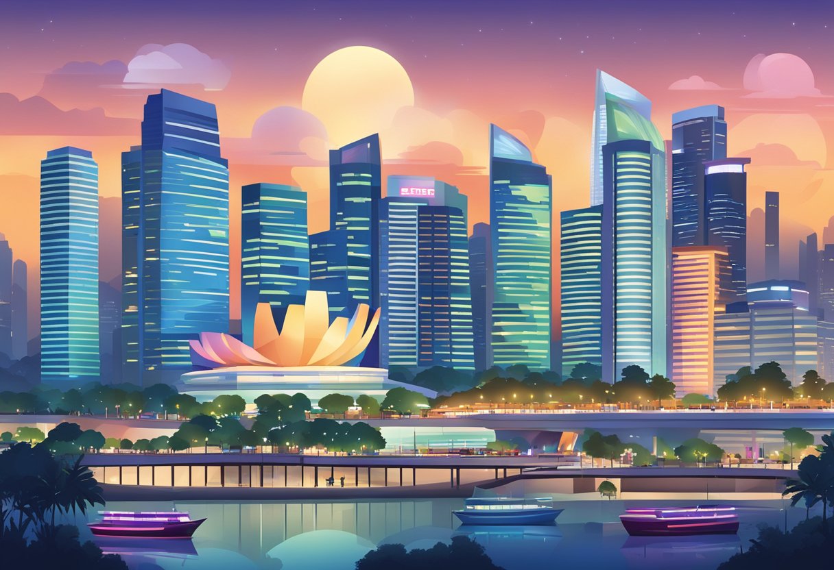 A bustling cityscape of modern buildings and vibrant lights, showcasing the iconic skyline of Singapore