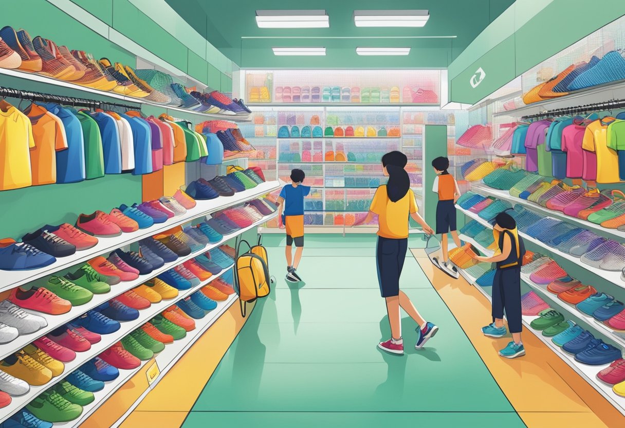 A badminton store in Singapore bustles with customers browsing rackets, shoes, and shuttlecocks. Shelves display colorful merchandise, and a logo decorates the storefront