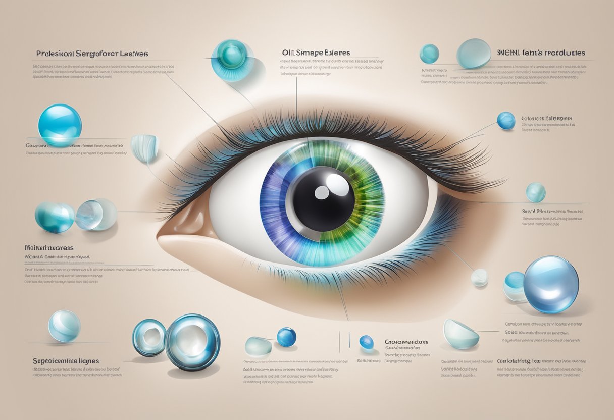 A display of Olens Singapore's product range and features, showcasing various contact lenses and their unique attributes