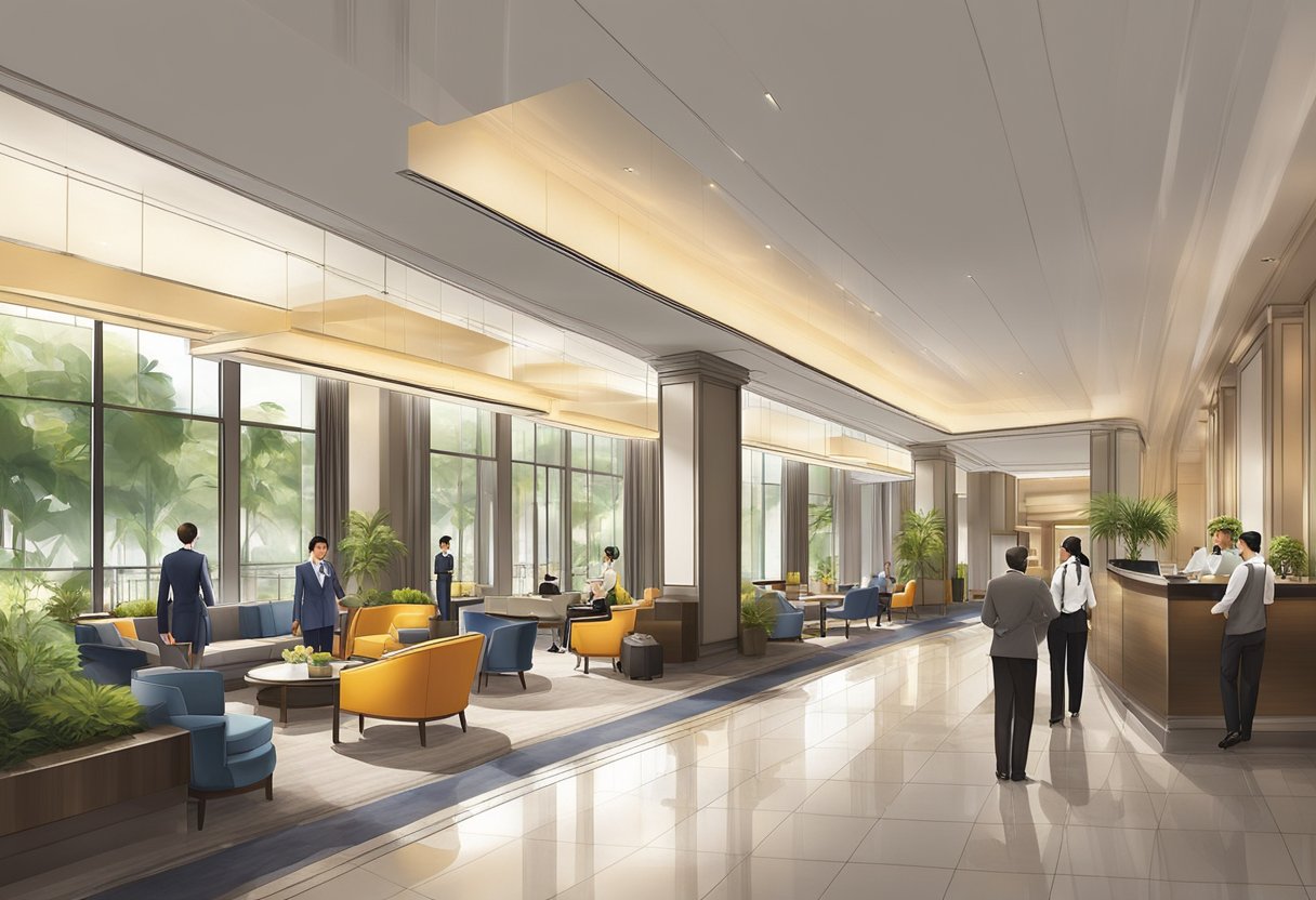 The Pullman Hotel in Singapore bustles with guests, as staff members answer frequently asked questions at the front desk. The modern lobby features sleek furniture and a warm, inviting atmosphere