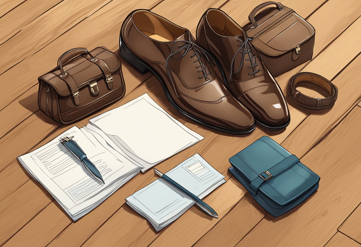 A pair of sleek, polished formal shoes placed neatly on a wooden floor, surrounded by a briefcase, tie, and business documents