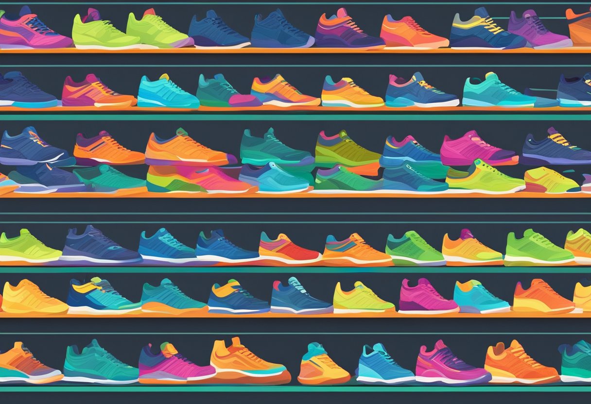 A display of badminton rackets, shuttlecocks, and shoes arranged neatly on shelves in a brightly lit badminton store in Singapore