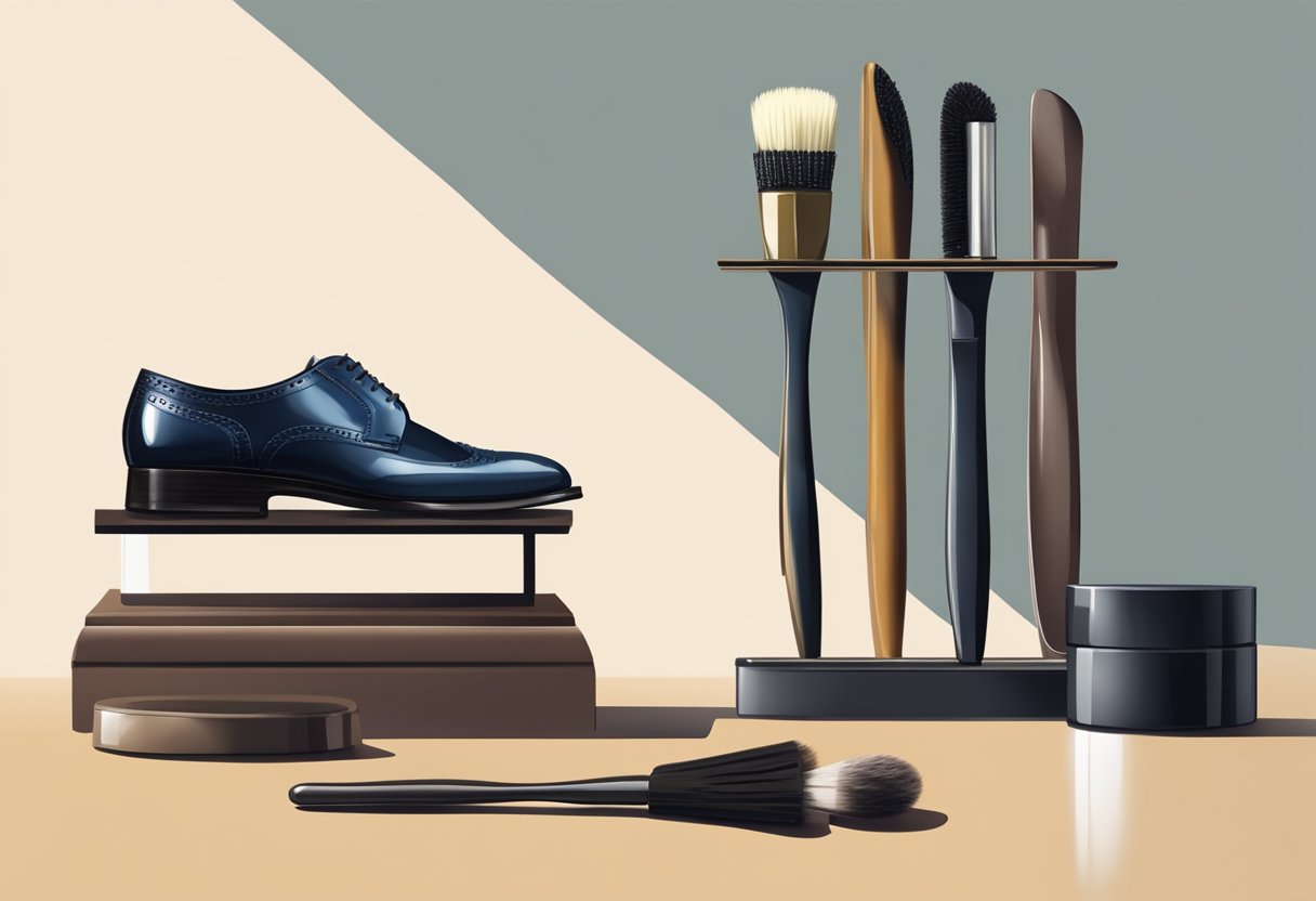 A pair of polished formal shoes placed neatly on a shoe rack, next to a shoe horn and a polishing brush