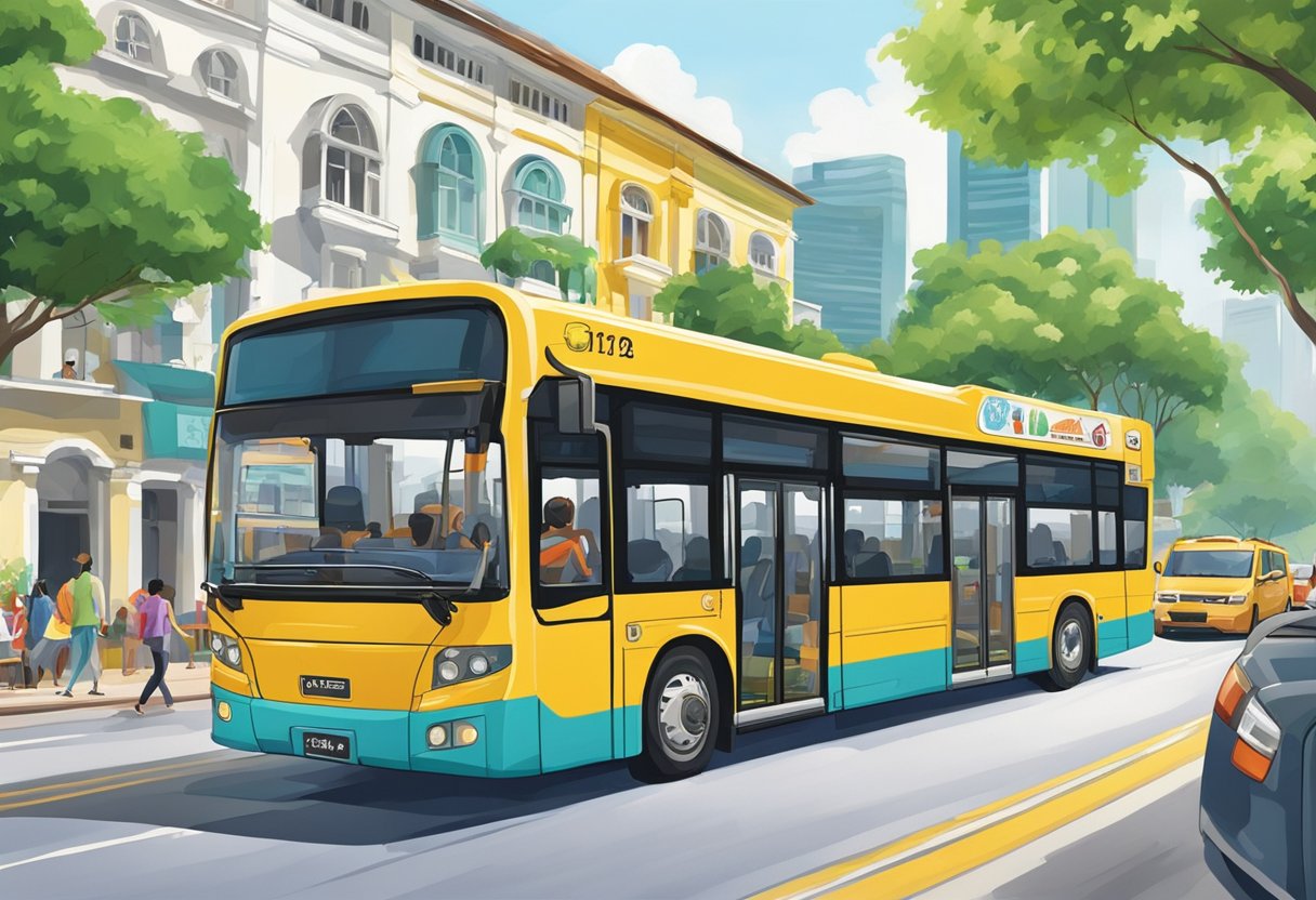 A double-decker bus winds through the vibrant streets of Singapore, passing iconic landmarks and bustling neighborhoods. The city skyline and lush greenery provide a picturesque backdrop for the tour