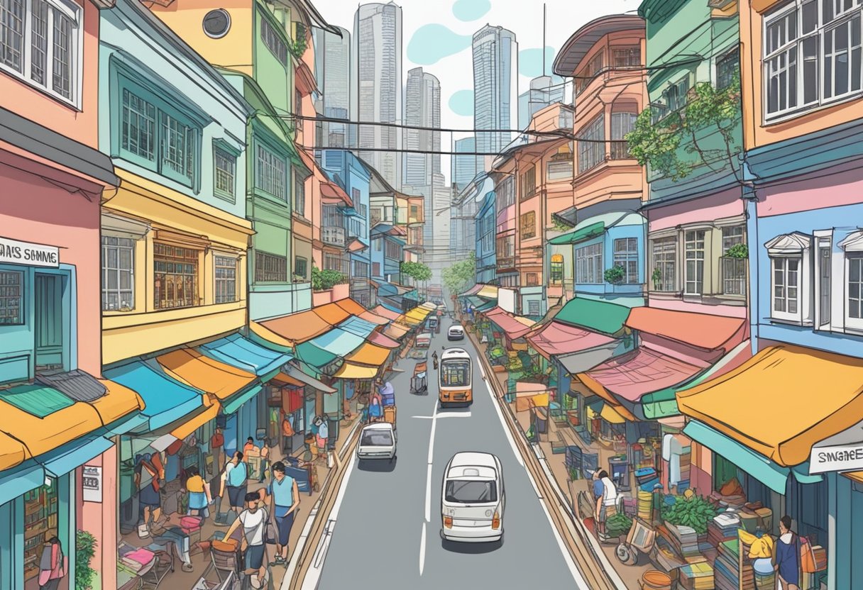 A bustling street in Singapore, lined with colorful storefronts displaying badminton rackets, shuttlecocks, and gear. A sign reads "Badminton Store Singapore" in bold letters