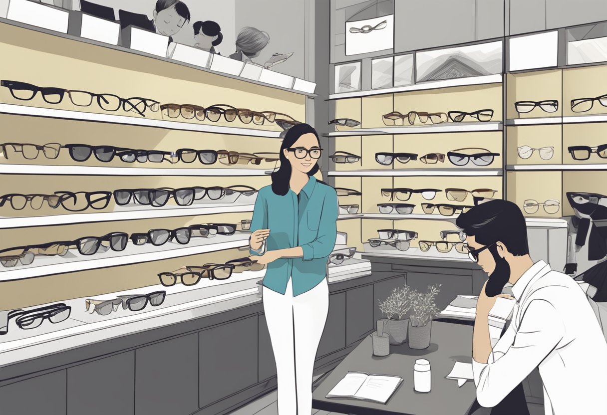 A customer browsing through a variety of stylish eyeglass frames at the Olens Singapore store, with friendly staff assisting nearby