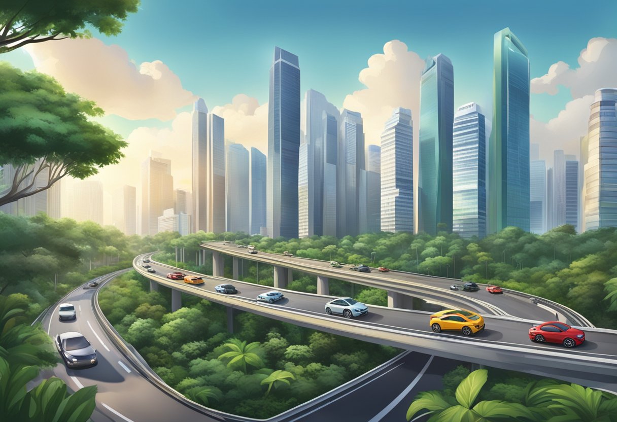Cars speed down the Singapore expressway, surrounded by towering skyscrapers and lush greenery