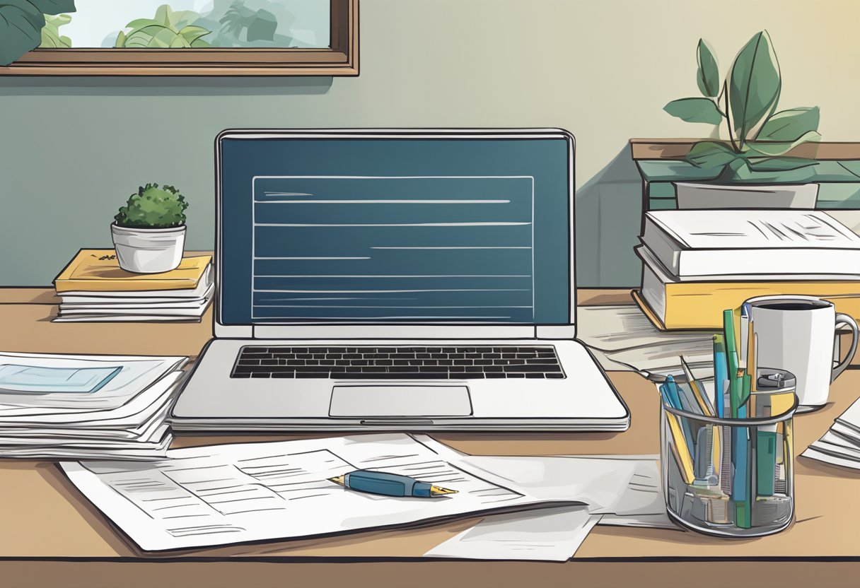 A table with a laptop, a stack of papers, and a pen. A sign with "Frequently Asked Questions olens singapore" on the wall