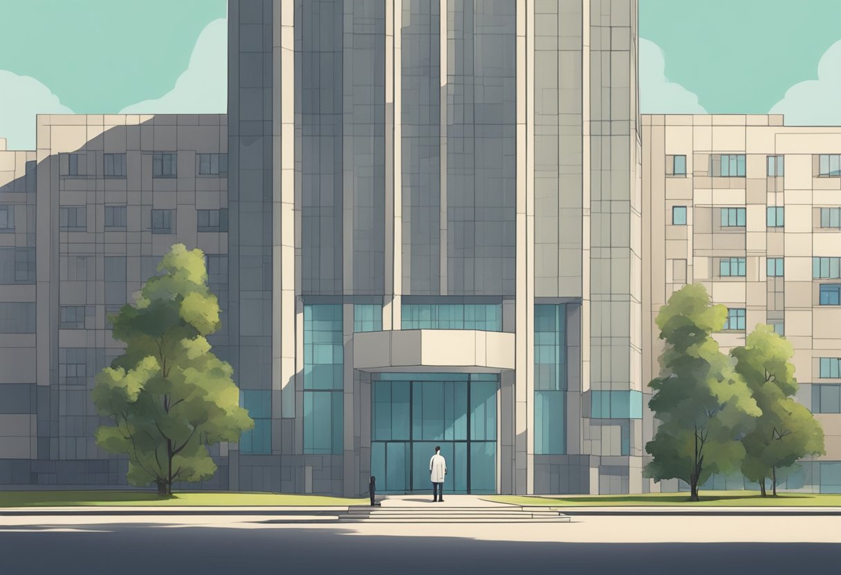 A lone figure stands in the shadow of a towering hospital, symbolizing health struggles and resilience