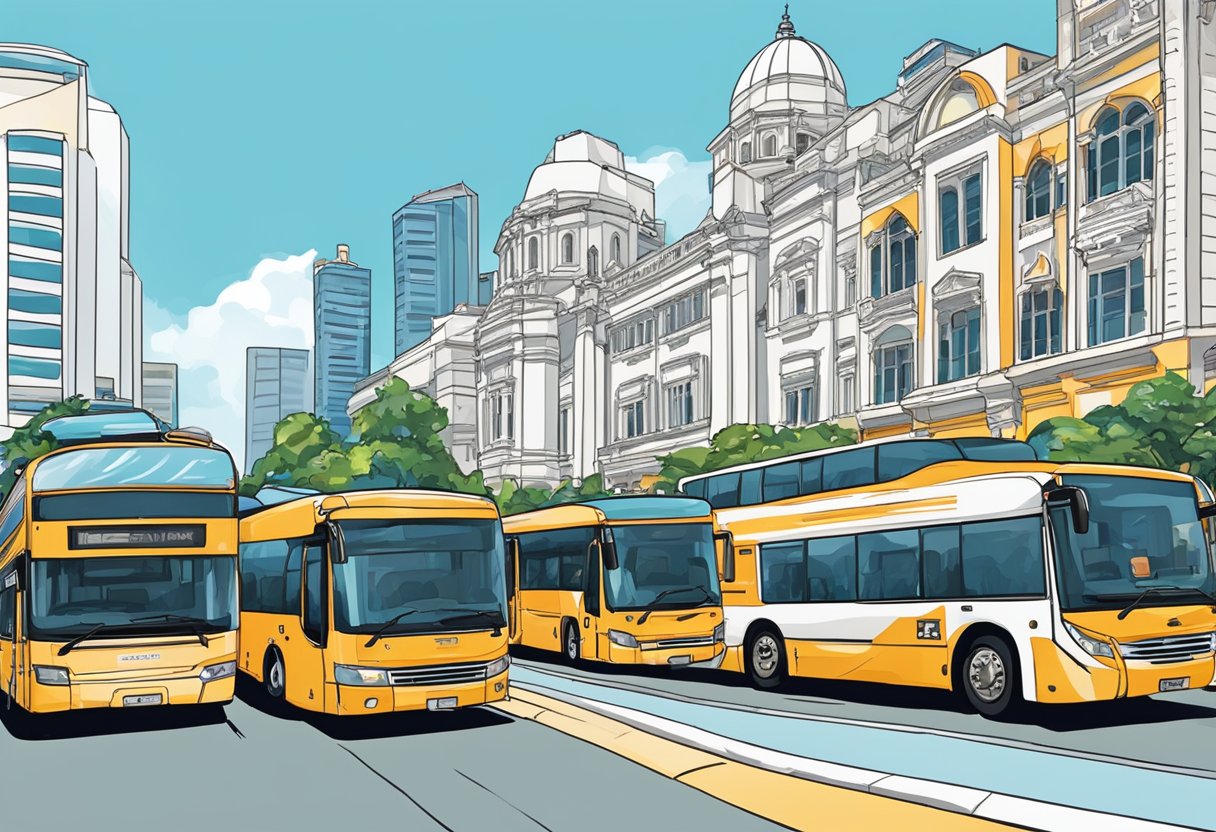 Tour buses lined up at a bustling Singapore street, with a clear blue sky and iconic landmarks in the background