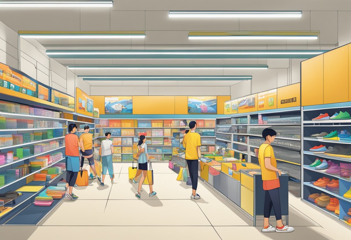 Badminton store in Singapore, with shelves of equipment, customers browsing, and staff assisting