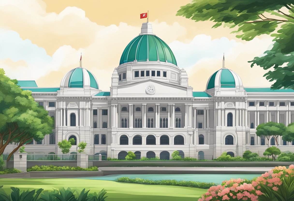 The Singapore Parliament building stands tall and majestic, with its grand architecture and iconic dome, surrounded by lush greenery and a bustling cityscape