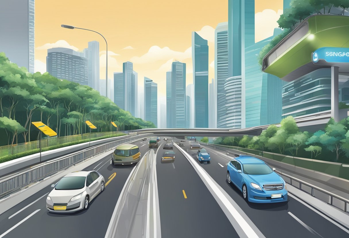 The Singapore expressway stretches across the urban landscape, with modern signage and well-maintained lanes. Traffic flows smoothly under the watchful eye of overhead cameras and efficient management systems