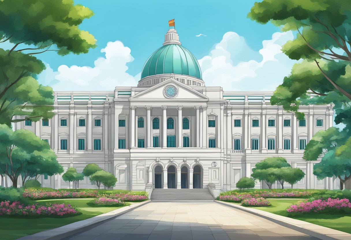 The Singapore Parliament stands tall with its iconic dome and grand columns, surrounded by lush greenery and a clear blue sky