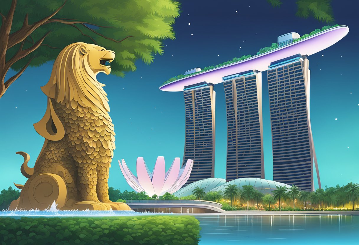 The iconic Merlion statue spouting water, Marina Bay Sands hotel, and the futuristic Gardens by the Bay with its towering Supertree Grove
