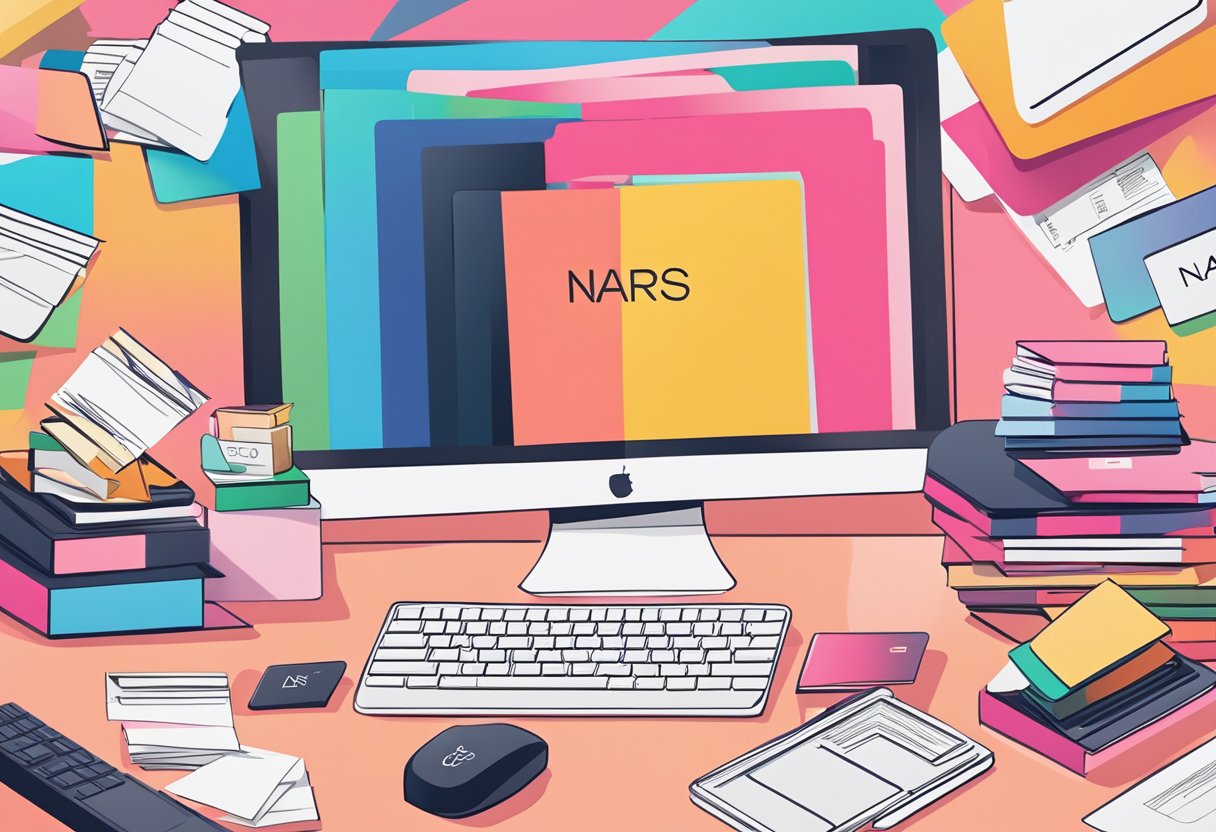 A stack of colorful FAQ cards with the NARS Singapore logo, surrounded by a modern, clean desk and computer
