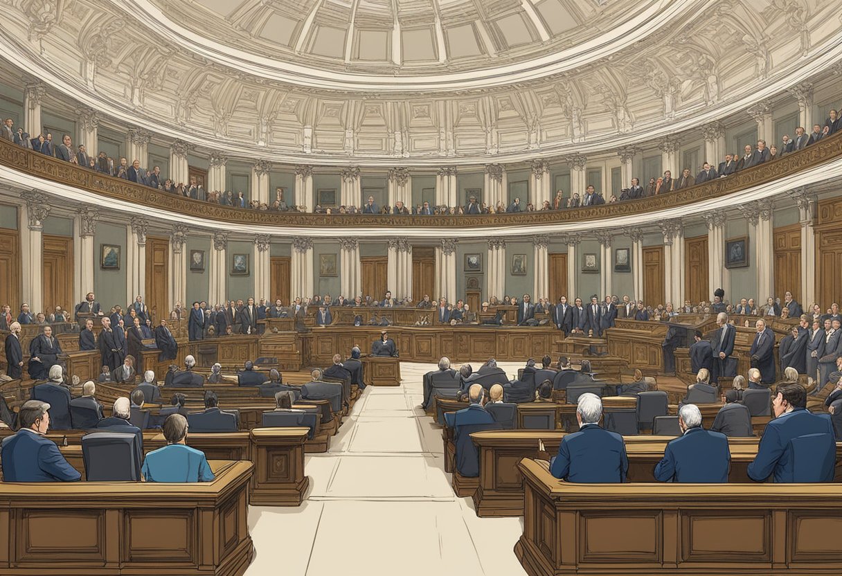 Members debate in the grand chamber, with the Speaker presiding. A mix of traditional and modern decor fills the space, as officials engage in parliamentary business