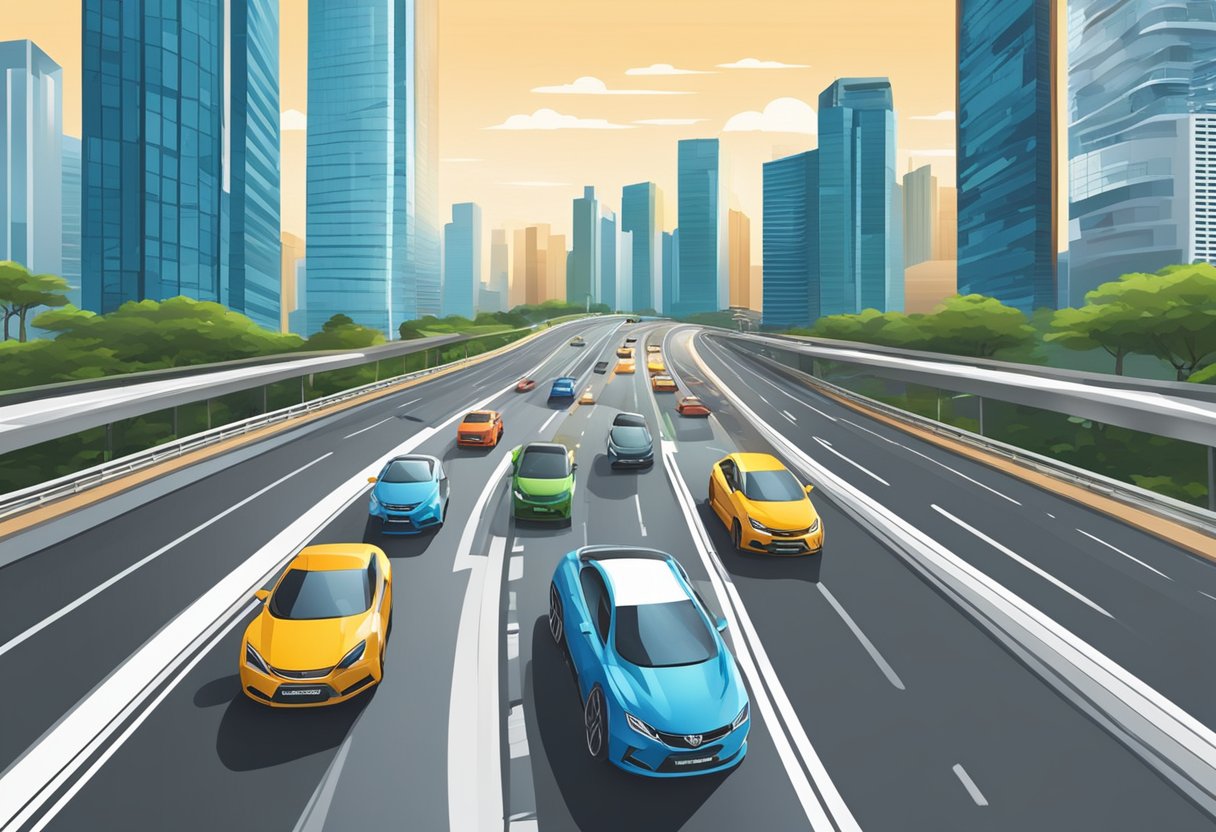 Cars speeding along a modern expressway in Singapore, with towering buildings in the background and clear signage for "Frequently Asked Questions"