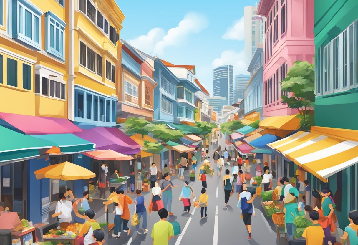 The bustling streets of Baxter, Singapore, with colorful buildings and bustling markets