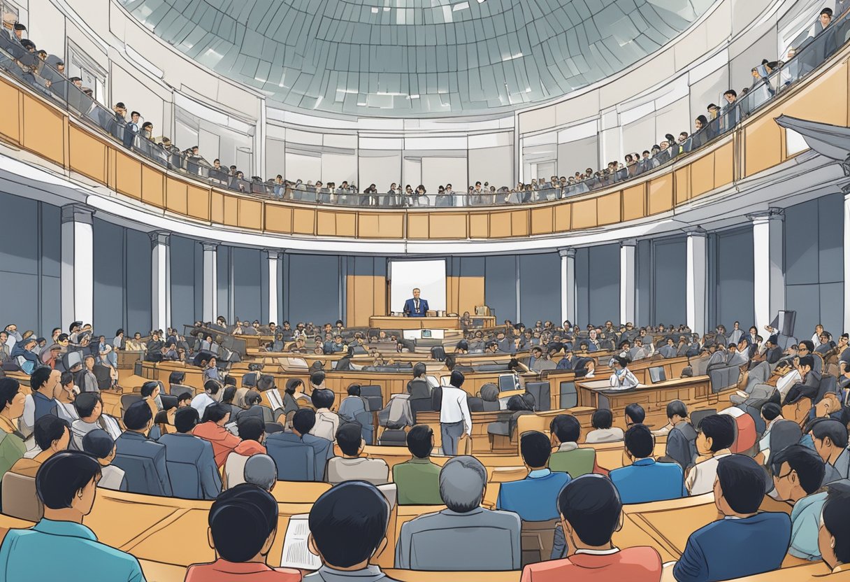 People gather at the Singapore Parliament, asking questions