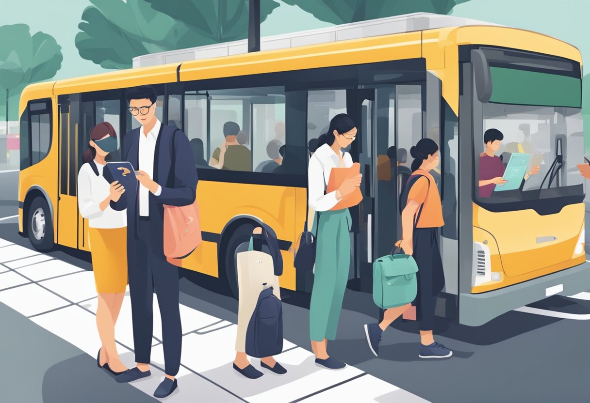 People waiting at bus stop, looking at route map, checking phone for bus timings, and boarding bus in Singapore