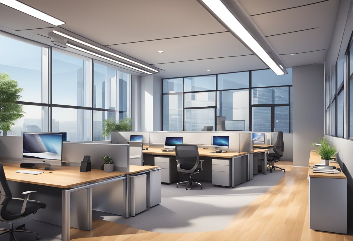 A sleek, modern office space featuring cutting-edge technology and a strong corporate identity, with the company logo prominently displayed throughout the space